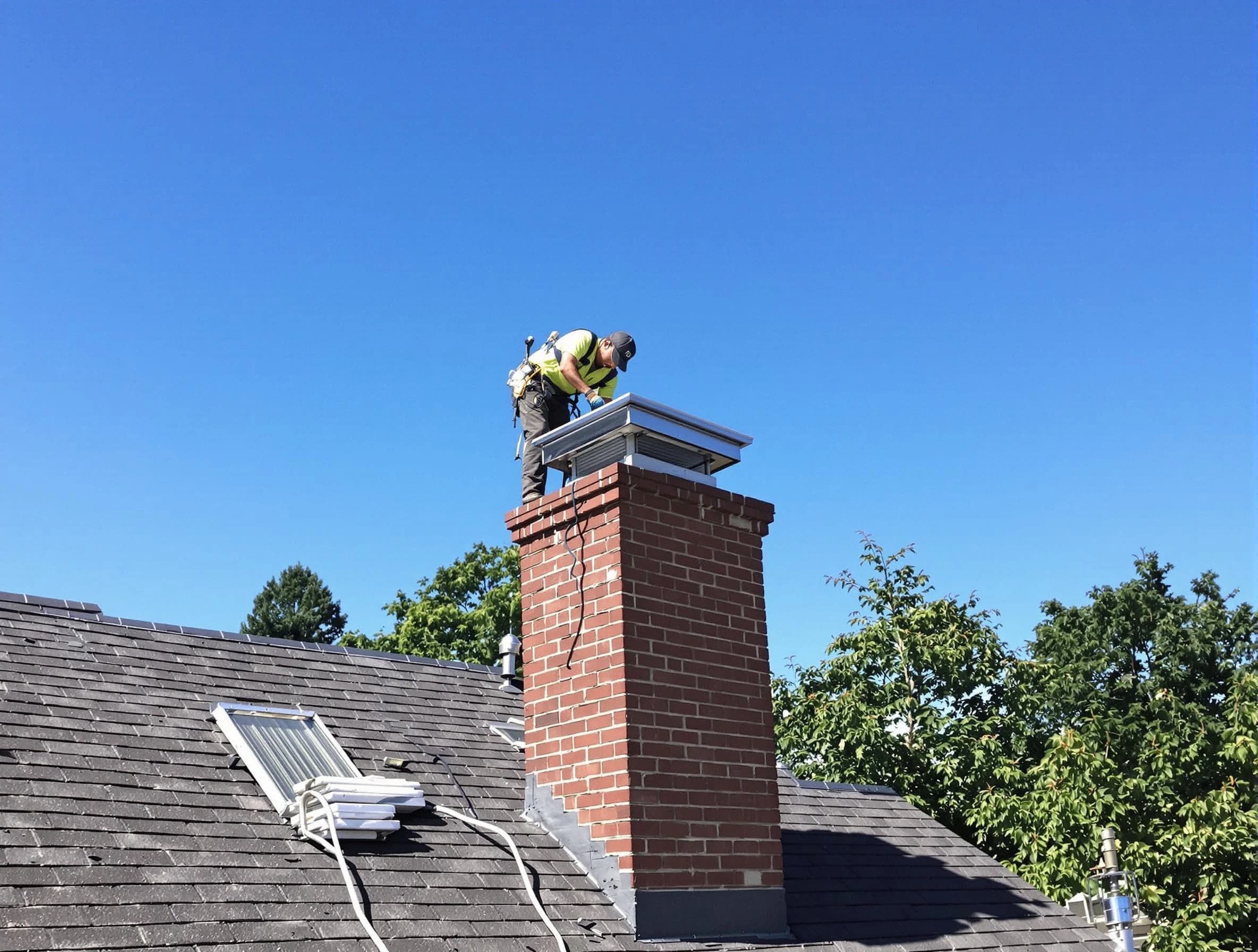 Noble Chimney Sweep technician measuring a chimney cap in Noble, OK